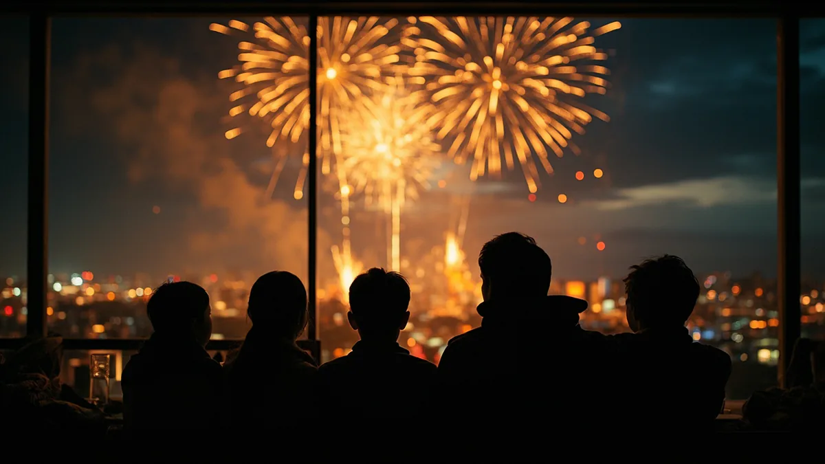 Friends watch golden fireworks marking the millennium, illustrating “the year 2000” in Chinese: 二〇〇〇年 (èr líng líng líng nián)