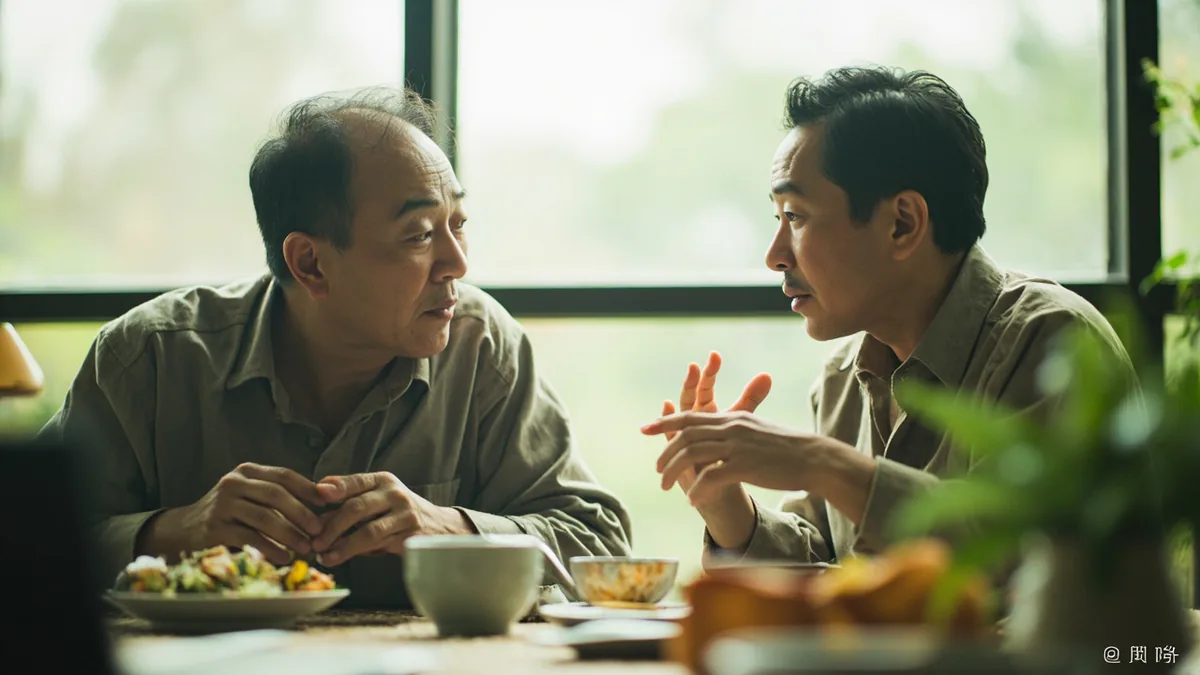 Two friends discuss a future event while sharing a meal, illustrating “2026 (reading years)” in Chinese: 二〇二六年 (èr líng èr liù nián)