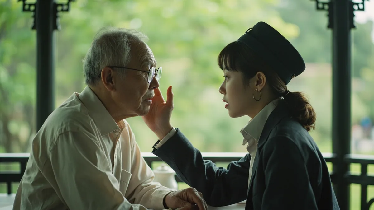 An older person cups an ear to hear a speaker better, illustrating “a little louder” in Chinese: 大声一点 (dàshēng yīdiǎn)
