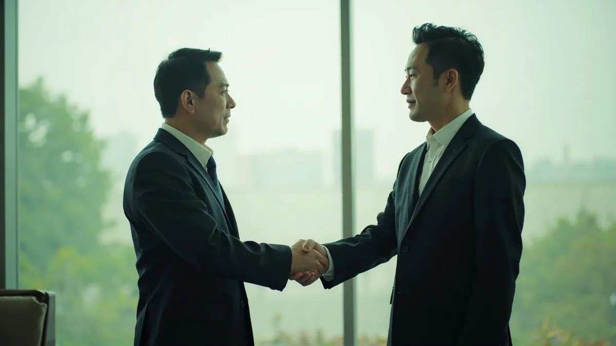 Two professionals exchange a formal handshake at an initial meeting, illustrating “a pleasure to meet you (formal)” in Chinese: 幸会幸会 (xìnghuì xìnghuì)