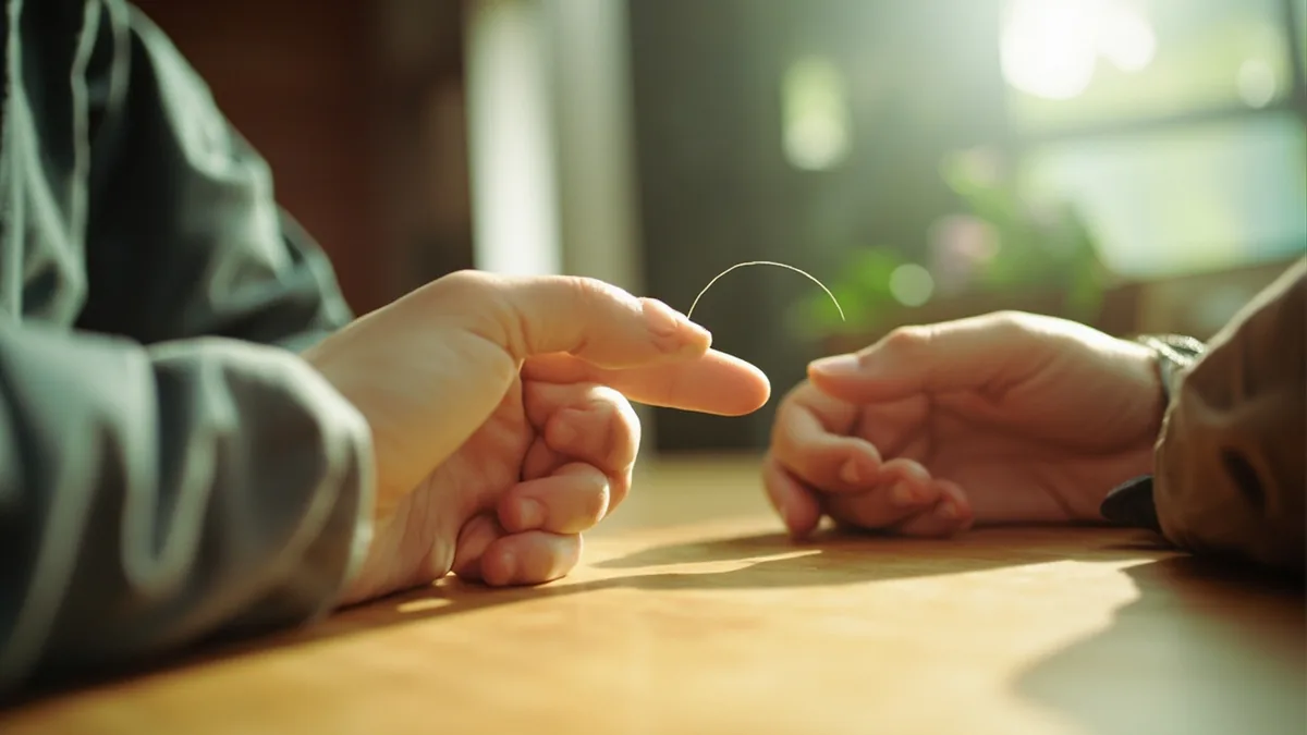 Two pairs of hands meet over a bare counter as one traces a small circle, illustrating “a round-trip ticket” in Chinese: 来回票 (lái huí piao)
