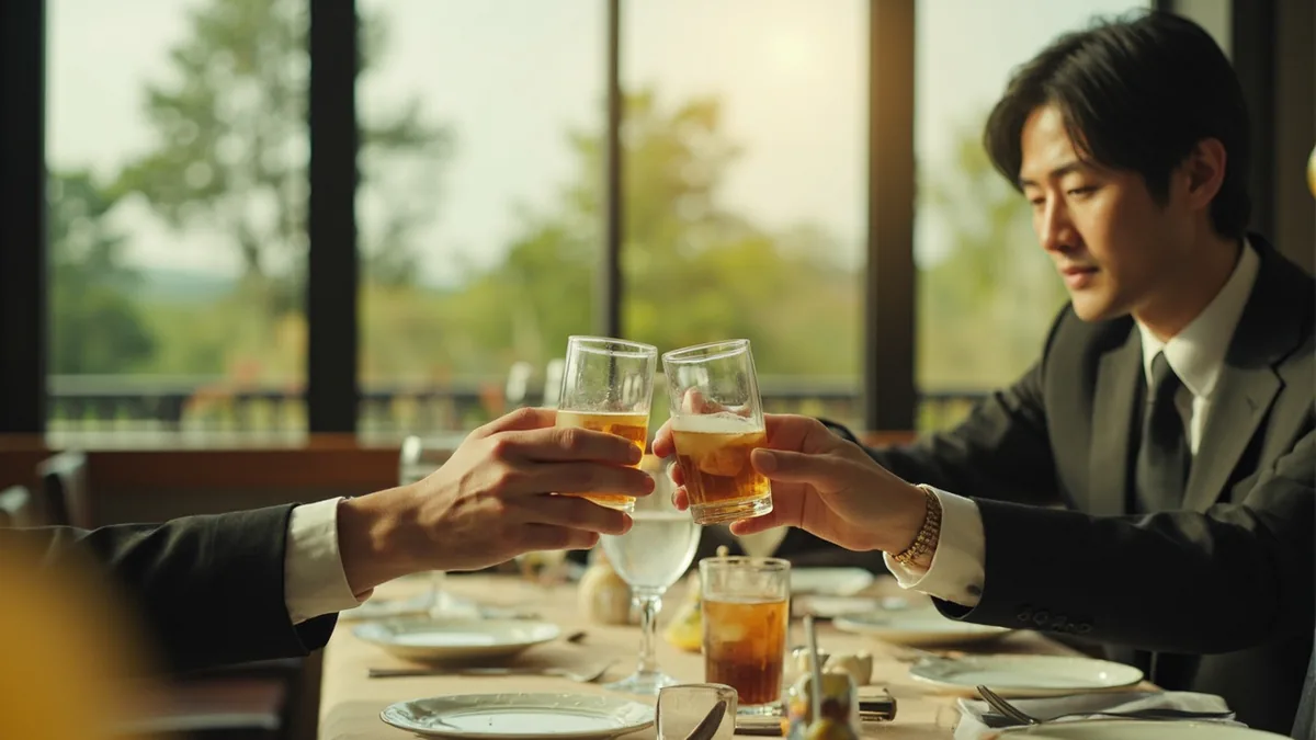 Two people raise small glasses in a respectful toast during a meal, illustrating “a toast to you” in Chinese: 我敬您一杯 (wǒ jìng nín yī bēi)