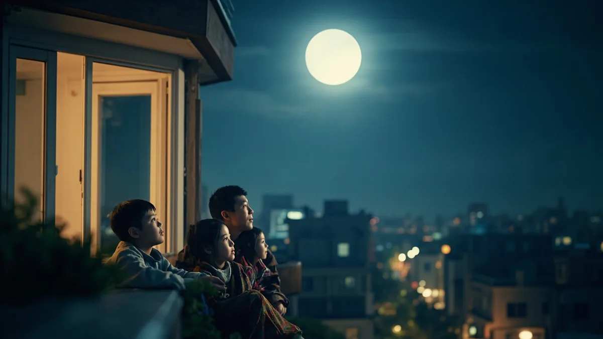 A family enjoys an evening together on a balcony, gazing up at the full moon, illustrating “admire the moon” in Chinese: 赏月 (shǎngyuè)