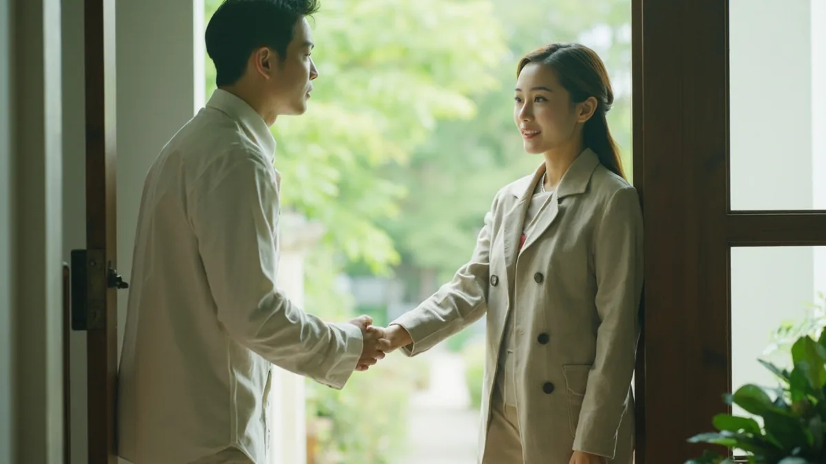 A person politely gestures for another to enter a room first, illustrating “after you” in Chinese: 你先请 (nǐ xiān qǐng)