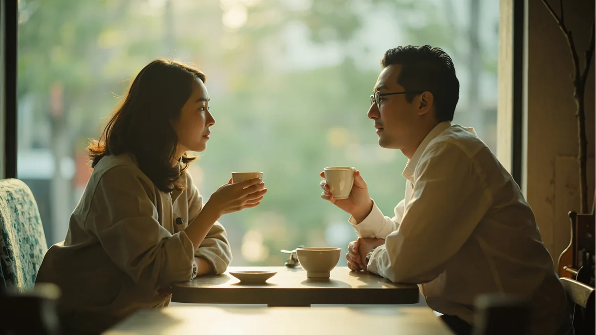 Two friends enjoy a quiet conversation in a cafe, illustrating “afternoon” in Chinese: 下午 (xiàwǔ)