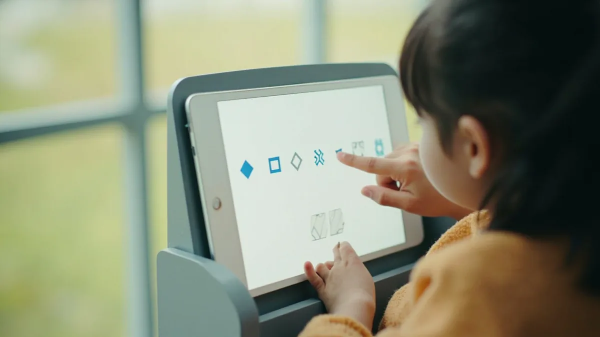 A young student points to a row of abstract symbols on a learning tablet, illustrating “alphabet” in Chinese: 字母 (zìmǔ)