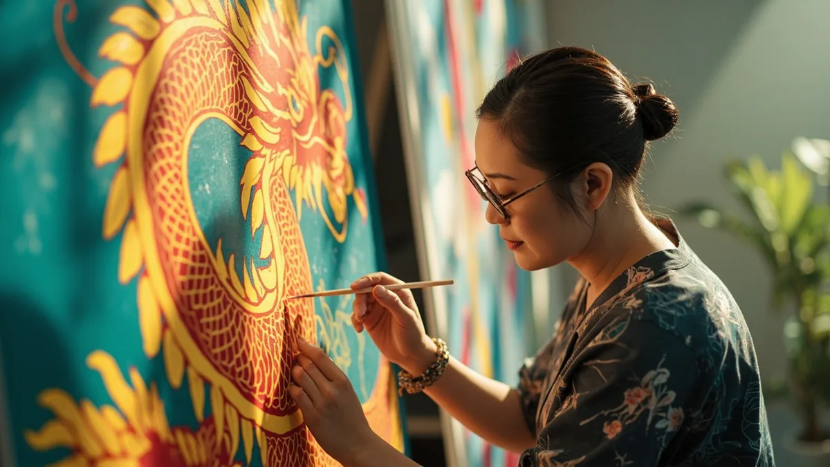 An artist adds details to a modern sculpture of a Chinese dragon, illustrating “ancient China dragon” in Chinese: 中国龙 (Zhōngguó lóng)