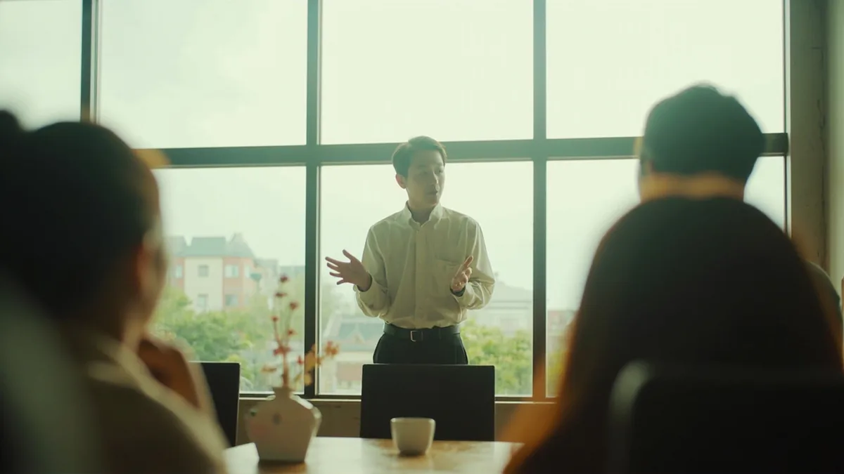 A speaker pauses, inviting questions from an attentive audience, illustrating “any questions” in Chinese: 有什么问题吗？ (yǒu shénme wèntí ma?)