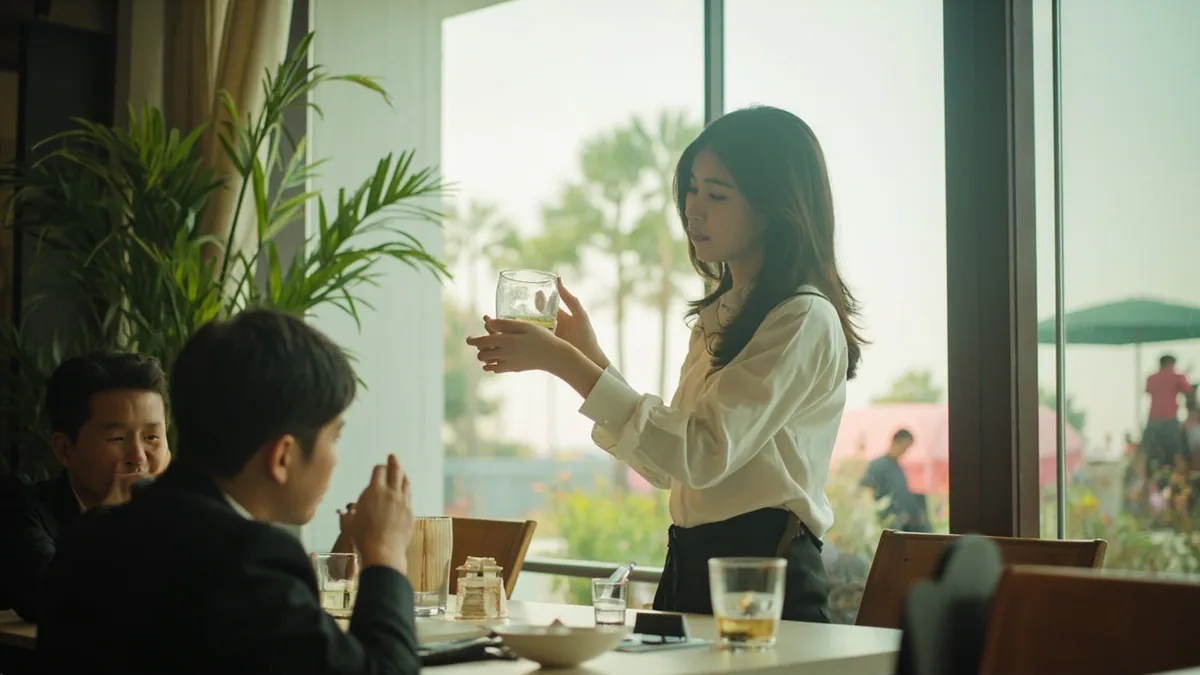 A server holds a small glass pitcher, asking a seated customer about their drink choice, illustrating “anything to drink” in Chinese: 喝点什么？ (hē diǎn shénme?)