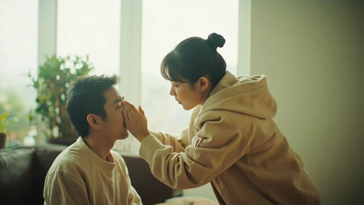 A concerned friend gently touches another's forehead to check for fever, illustrating “are you feeling sick” in Chinese: 生病了吗？ (shēngbìng le ma?)