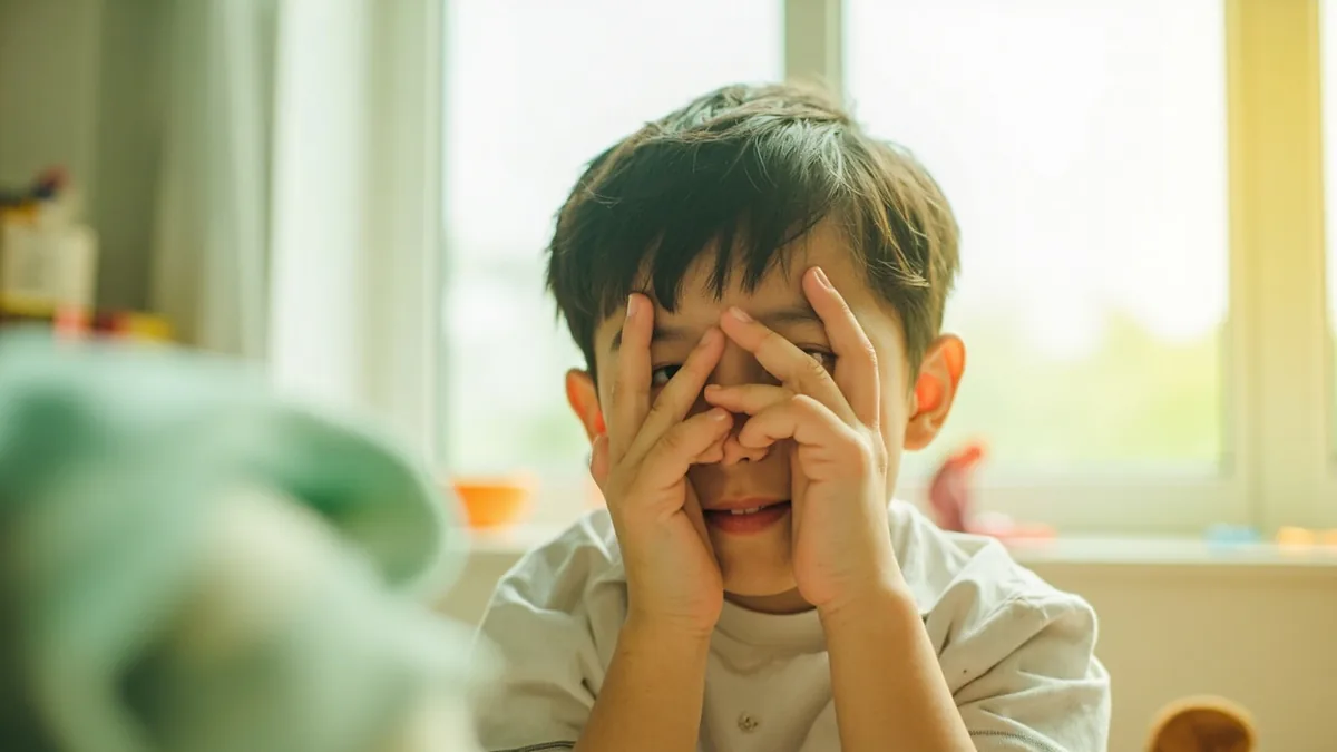 An adult playfully covers their eyes, asking if a child is hidden during a game, illustrating “are you hidden yet” in Chinese: 你藏好了吗？ (nǐ cáng hǎo le ma?)