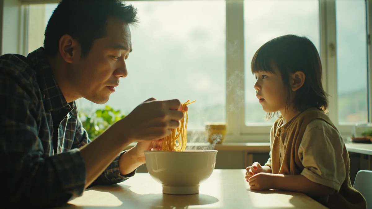 A parent offers a bowl of freshly prepared noodles to a child at home, illustrating “are you hungry” in Chinese: 饿不饿？ (è bú è?)