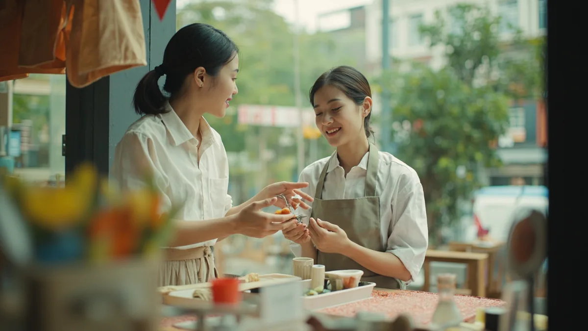 A helpful store clerk gestures toward shelves, offering assistance to a browsing customer, illustrating “are you looking for something” in Chinese: 您在找什么？ (nín zài zhǎo shénme?)