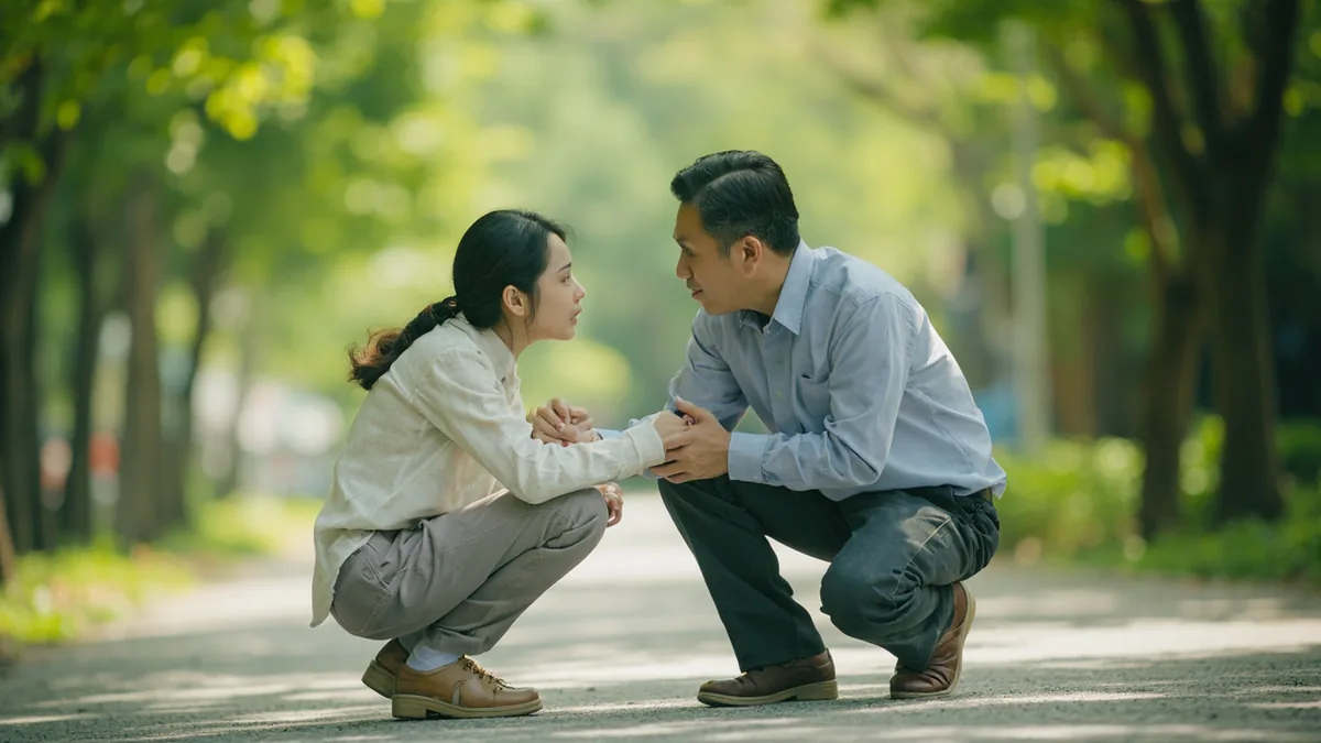 A friend kneels beside another, offering a comforting hand after a small stumble, illustrating “are you ok” in Chinese: 你没事吧 (nǐ méishì ba)