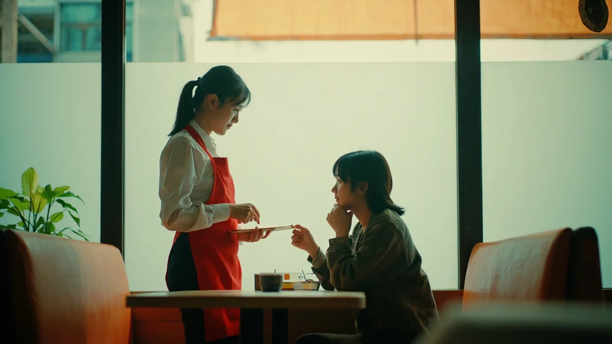 A restaurant server stands patiently at a table, ready to take an order, illustrating “are you ready to order” in Chinese: 现在可以点餐吗？ (xiànzài kěyǐ diǎncān ma?)