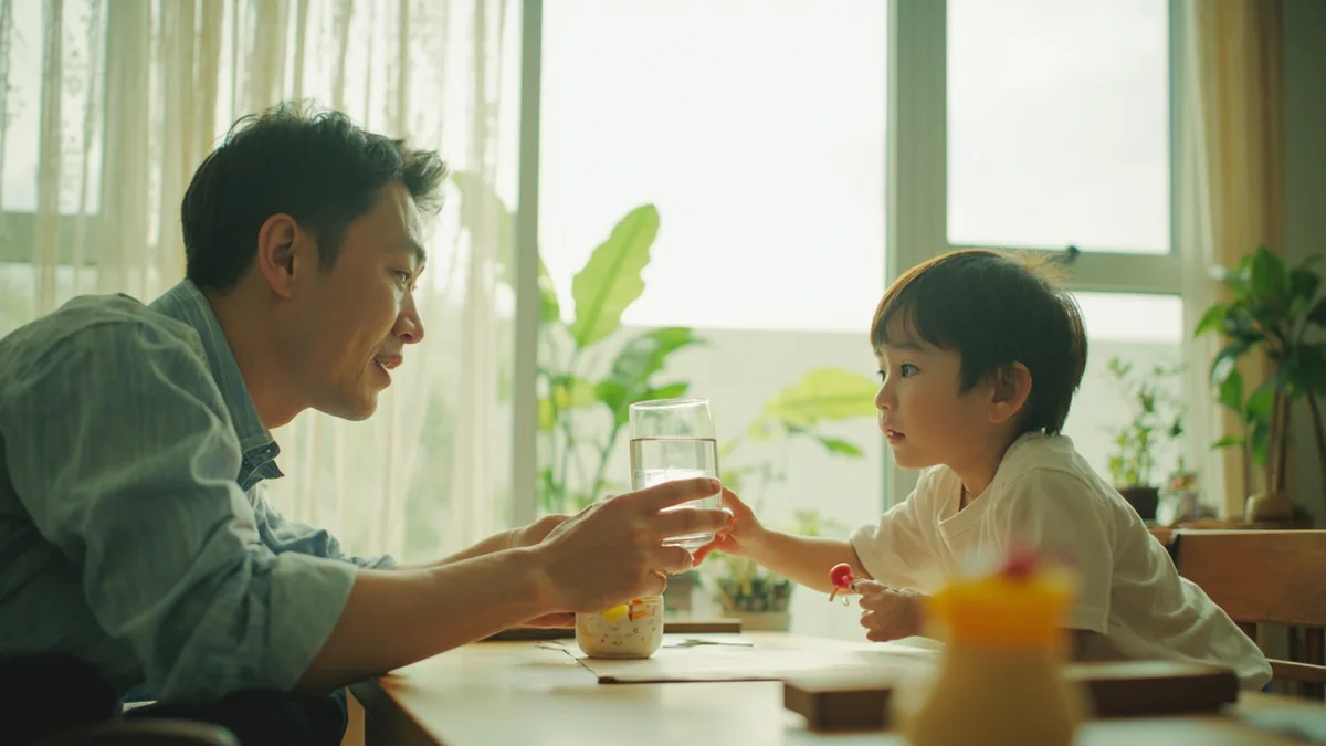 A caring adult offers a small glass of water to a child after playing, illustrating “are you thirsty” in Chinese: 渴不渴？ (kě bu kě?)