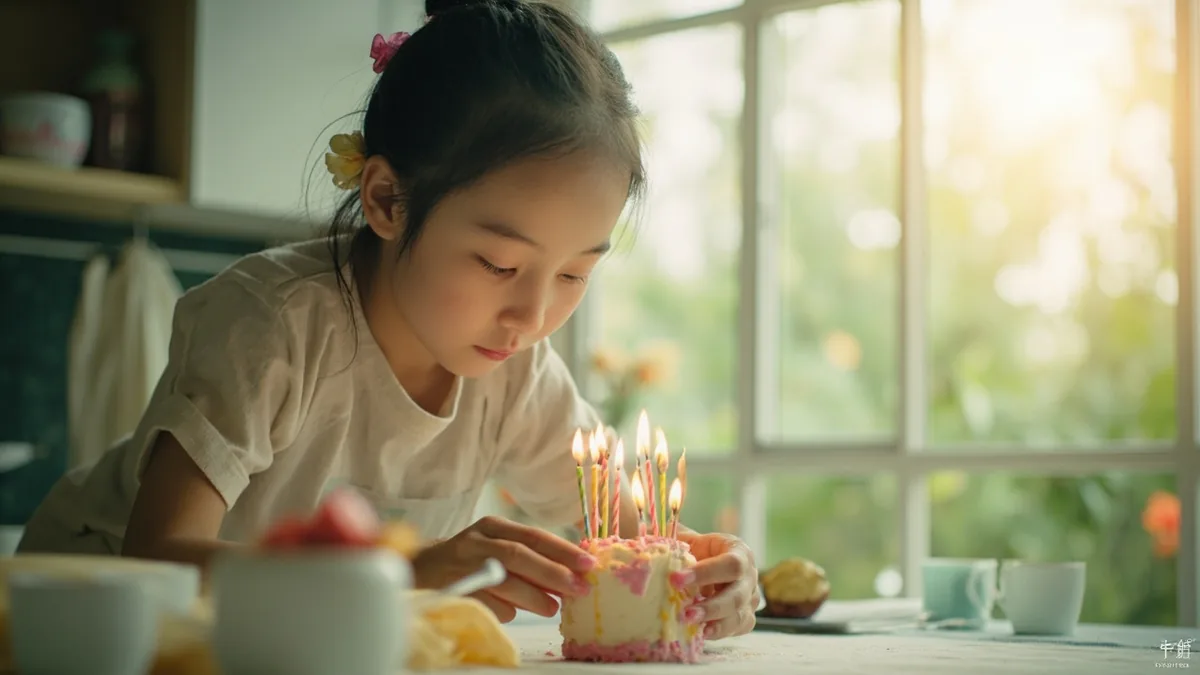 A young adult prepares a small birthday cake at home, illustrating “august” in Chinese: 八月 (bā yuè)