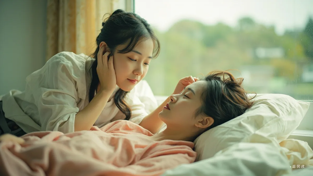 A partner gently touches their loved one's hair in a quiet home, illustrating “bae” in Chinese: 宝贝 (bǎo bèi)