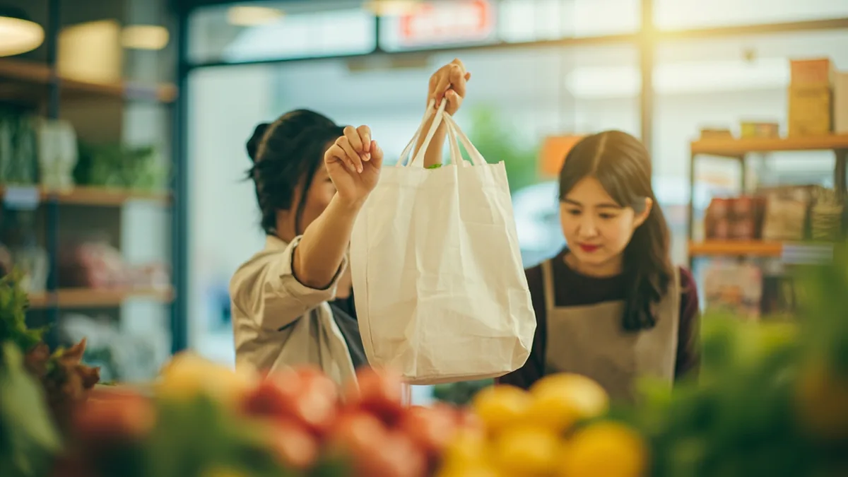 A customer is told about an extra charge for a bag at a counter, illustrating “bags cost extra” in Chinese: 袋子要收费 (dàizi yào shōufèi)