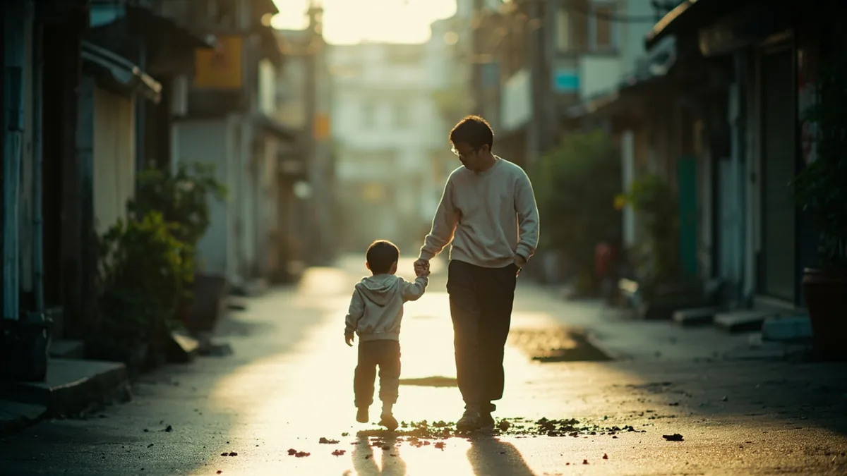 A parent gently guides a child away from a small puddle, illustrating “be careful, sweetie” in Chinese: 小心点 (xiǎoxīn diǎn)