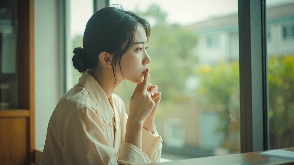 A student makes a shushing gesture in a quiet study area, illustrating “be quiet” in Chinese: 安静 (ān jìng)
