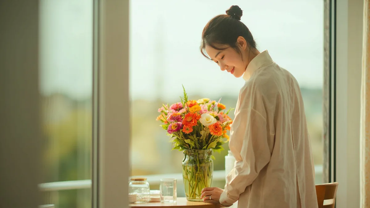 A person looks admiringly at a vibrant flower arrangement, illustrating “beautiful” in Chinese: 美丽 (měilì)