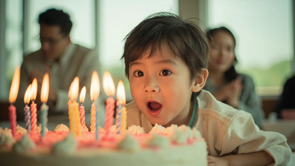 A child happily blows out candles on a colorful cake surrounded by family, illustrating “birthday” in Chinese: 生日 (shēngrì)