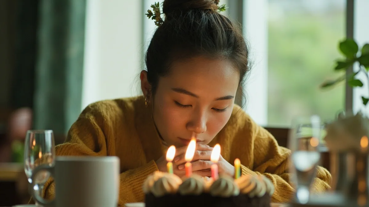 A person closes their eyes, making a silent wish before blowing out candles on a small cake, illustrating “birthday wish” in Chinese: 生日愿望 (shēngrì yuànwàng)