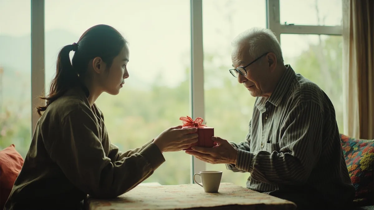 A grandchild respectfully offers a small gift to an elder on their birthday, illustrating “birthday wishes for elderly” in Chinese: 祝您生日快乐 (zhù nín shēngrì kuàile)