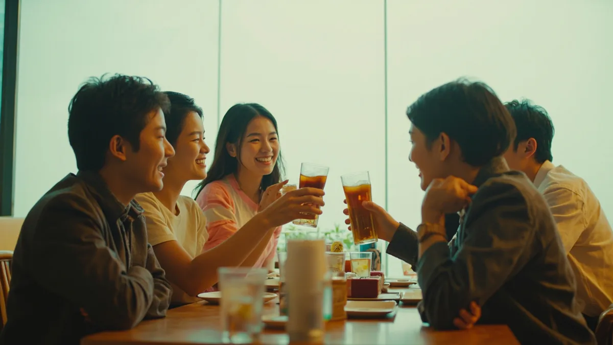 Friends gather around a table to offer a birthday toast to a friend, illustrating “birthday wishes” in Chinese: 生日祝福 (shēngrì zhùfu)