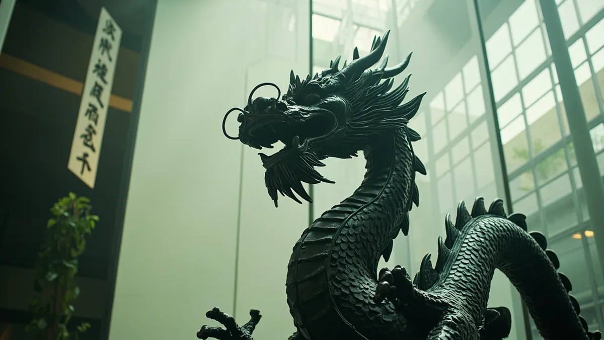 An intricate black dragon sculpture is displayed in a modern cultural exhibit, illustrating “black dragon mythology” in Chinese: 黑龙神话 (hēilóng shénhuà)