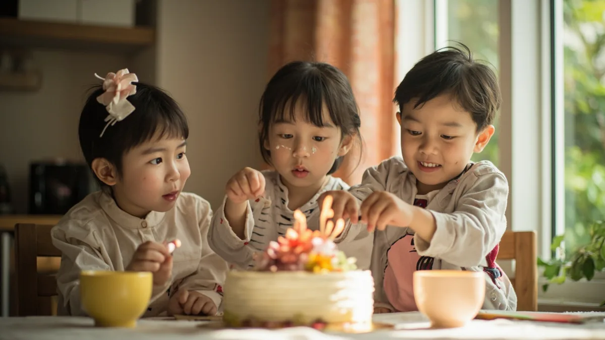 A family joyfully cuts a festive cake together to celebrate a birthday, illustrating “blessed birthday” in Chinese: 祝你生日快乐 (zhù nǐ shēngrìkuàilè)