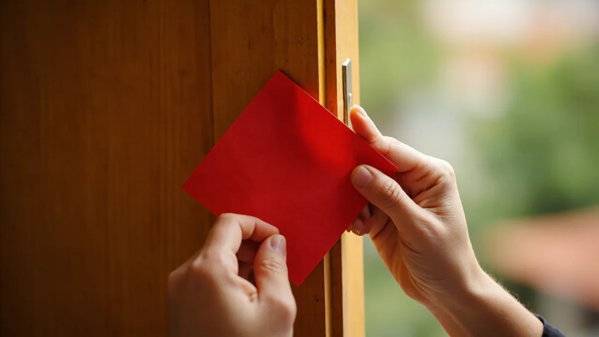Hands pressing a red paper diamond onto a wooden front door, illustrating “blessing (the fu character)” in Chinese: 福 (fú)