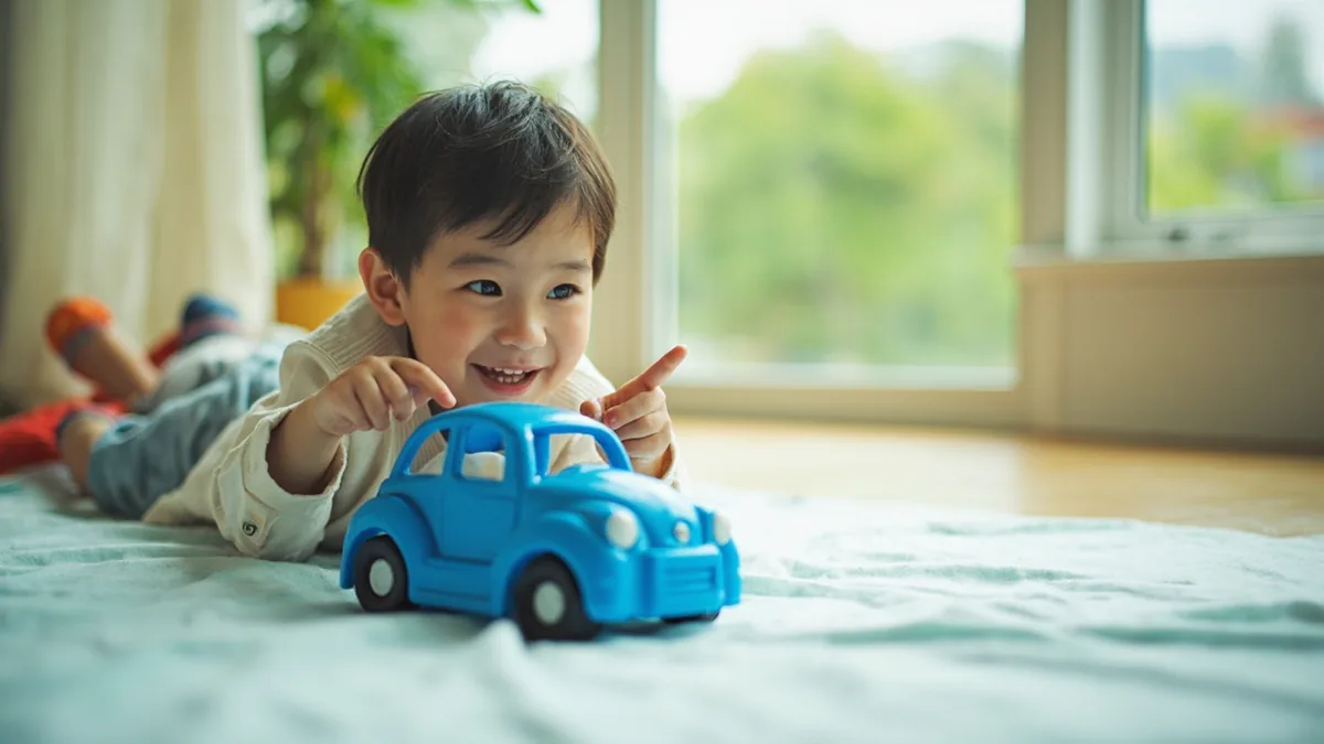 A child points with delight at a bright blue toy car, illustrating “blue” in Chinese: 蓝色 (lánsè)