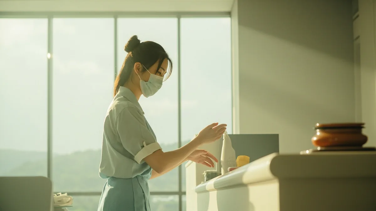 A hotel staff member points to the first floor, illustrating “breakfast is on the 1st floor” in Chinese: 早餐在一楼 (zǎocān zài yīlóu.)