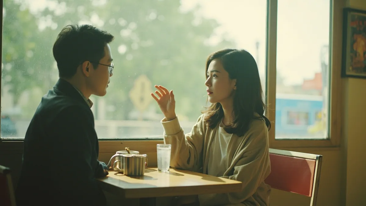 Two people chat, one gesturing about a distant place, illustrating “Brooklyn” in Chinese: 布鲁克林 (Bùlǔkèlín)