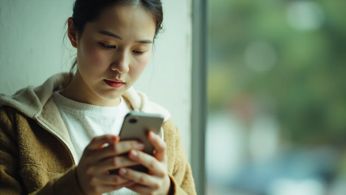 A person uses their phone to quickly check an important detail, illustrating “by” in Chinese: 用 (yòng)