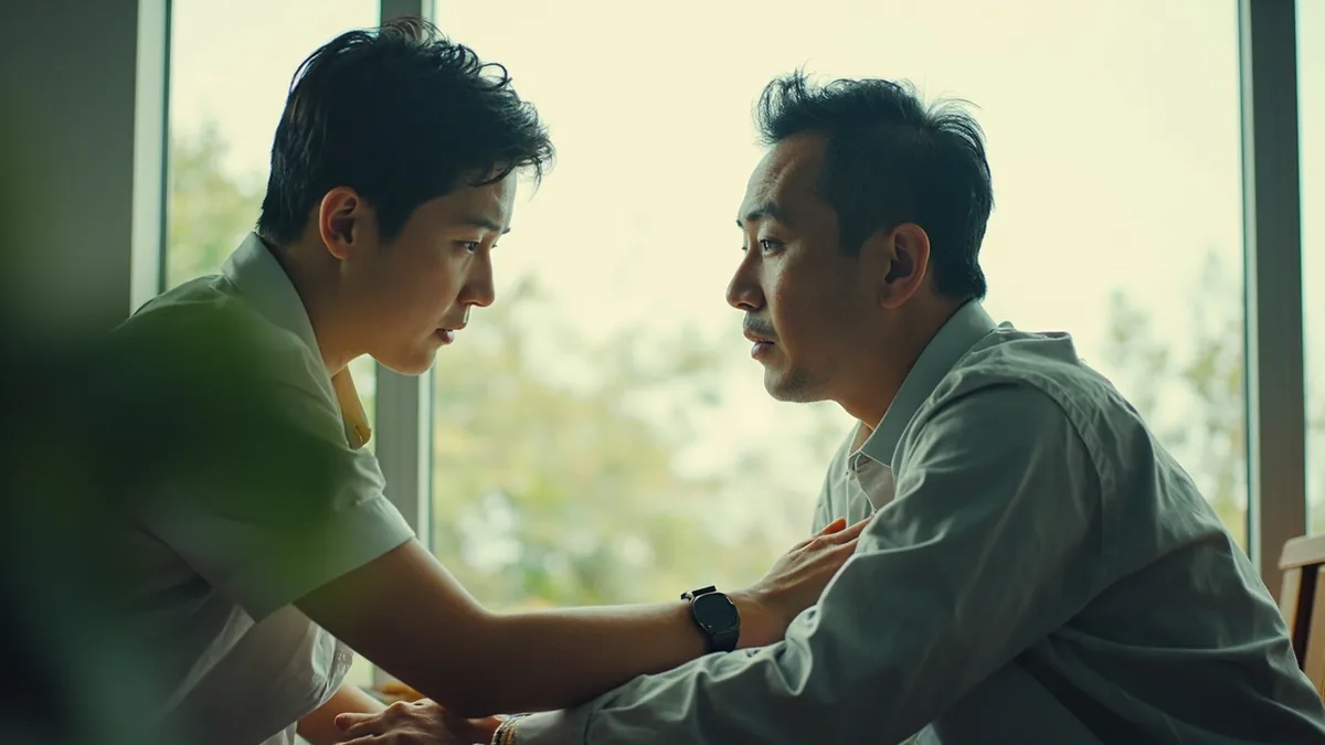 A friend gently reassures another person who is feeling upset, illustrating “calm down” in Chinese: 冷静一点 (lěngjìng yīdiǎn)