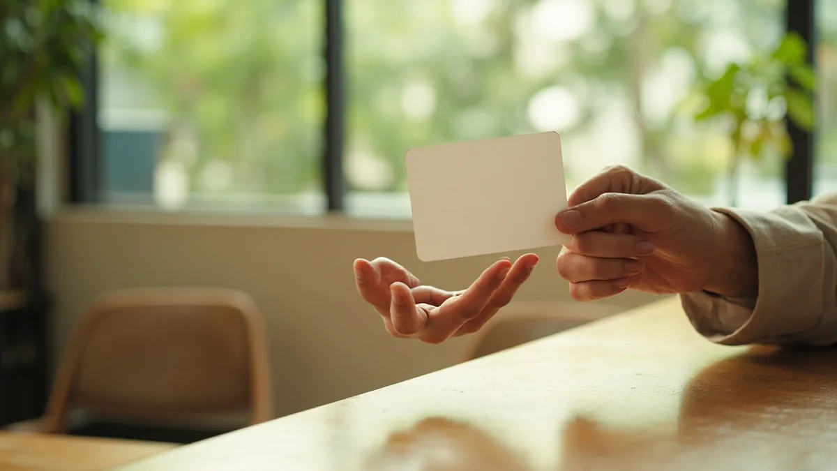 A hand holds out a plain unmarked card toward an open palm, illustrating “can I pay by card” in Chinese: 可以刷卡吗？ (kěyǐ shuākǎ ma?)