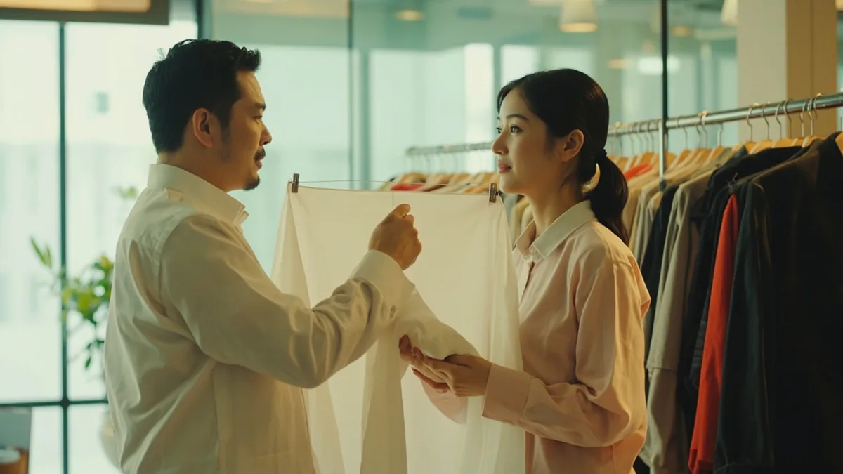 A shopper holds a garment and politely asks if they can try it on, illustrating “can I try it on” in Chinese: 能试穿吗？ (néng shìchuān ma?)