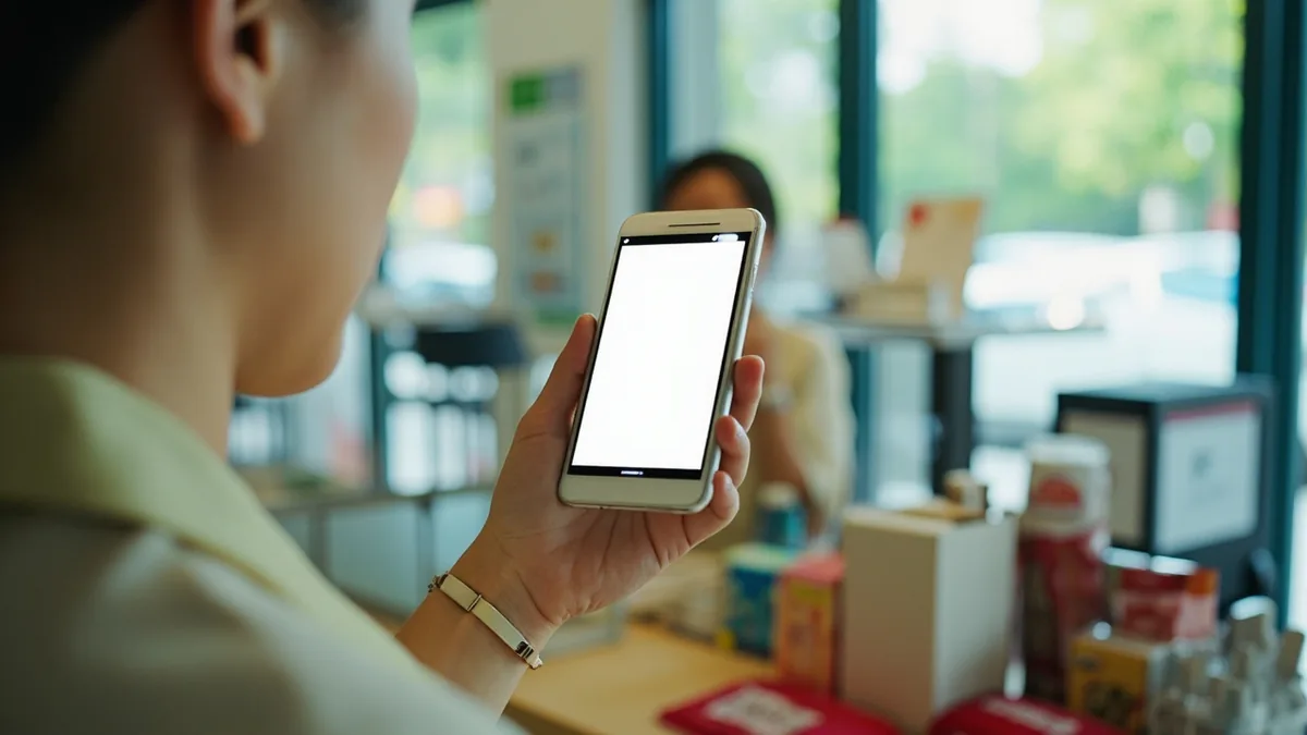 A customer holds their phone, asking if they can pay with a specific app, illustrating “can I use alipay” in Chinese: 可以用支付宝吗？ (kěyǐ yòng Zhīfùbǎo ma?)