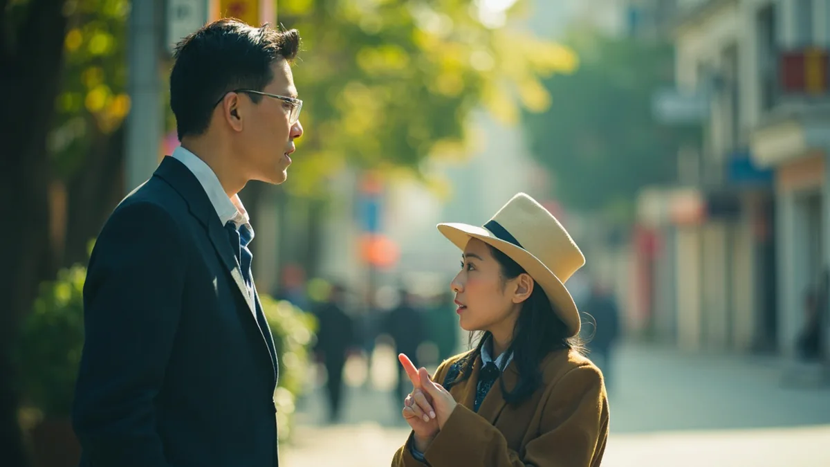 A person asks for directions about walking distance from a local, illustrating “can I walk there” in Chinese: 走路能到吗？ (zǒulù néng dào ma?)