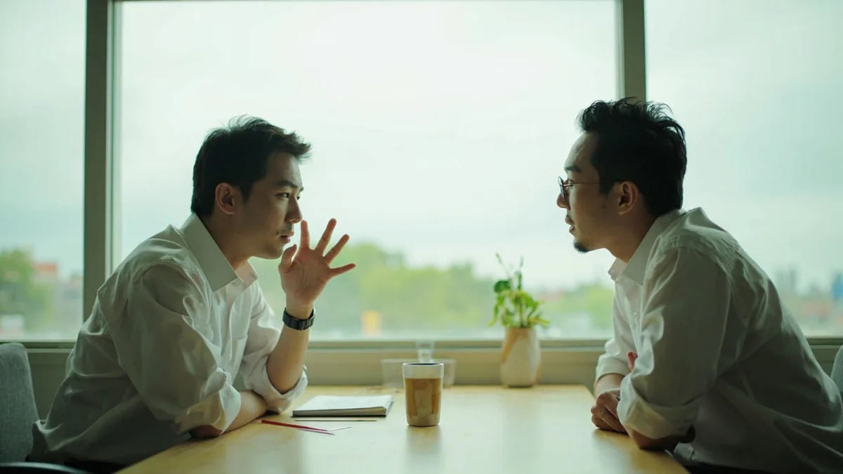 Two colleagues discuss rescheduling a meeting for the following week, illustrating “can we move it to next week” in Chinese: 能改到下周吗？ (néng gǎidào xiàzhōu ma?)