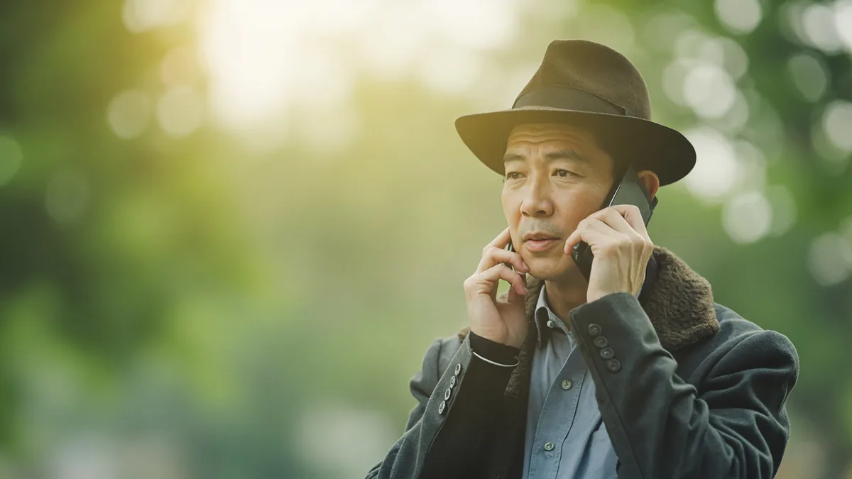 A person holds a phone to their ear, trying to improve signal reception, illustrating “can you hear me” in Chinese: 听得到吗？ (tīngdedào ma?)
