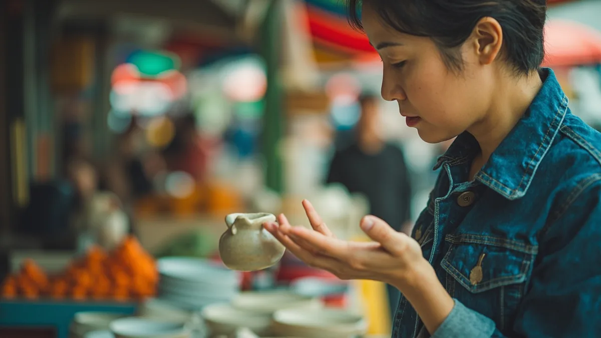 A customer politely asks a market vendor for a lower price on a small item, illustrating “can you make it cheaper” in Chinese: 便宜一点吧 (piányi yīdiǎn ba)