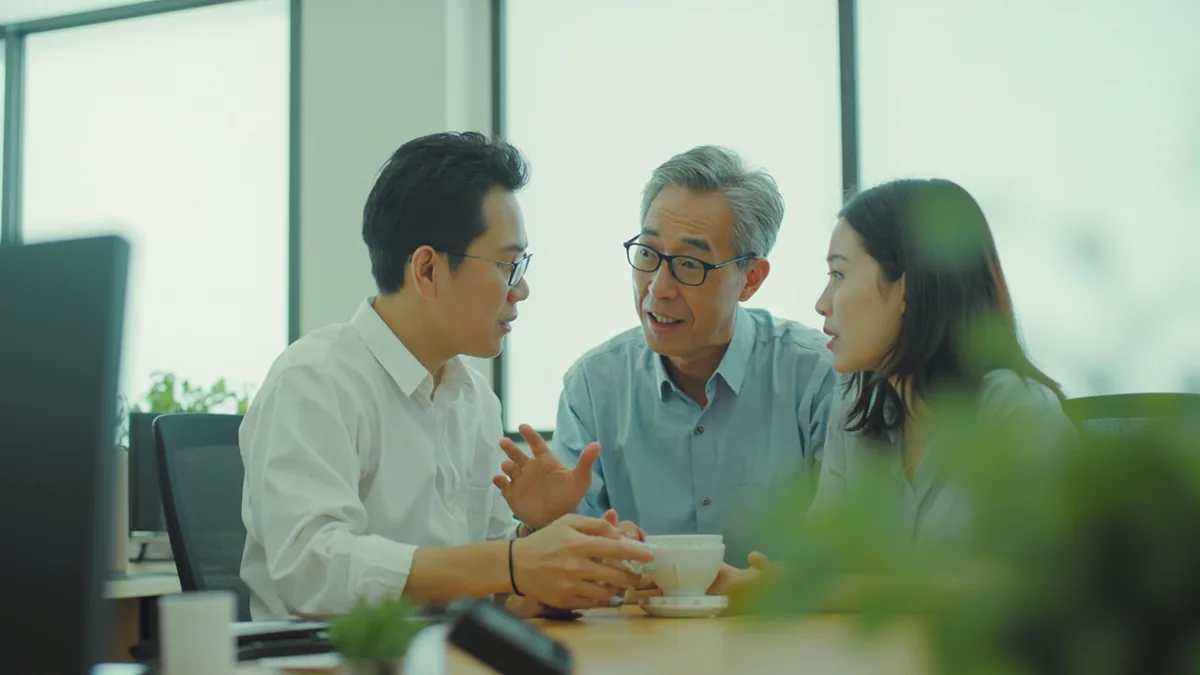 In a modern office, a colleague requests to be included in an email, illustrating “cc me, please” in Chinese: 抄送给我 (chāosòng gěi wǒ)