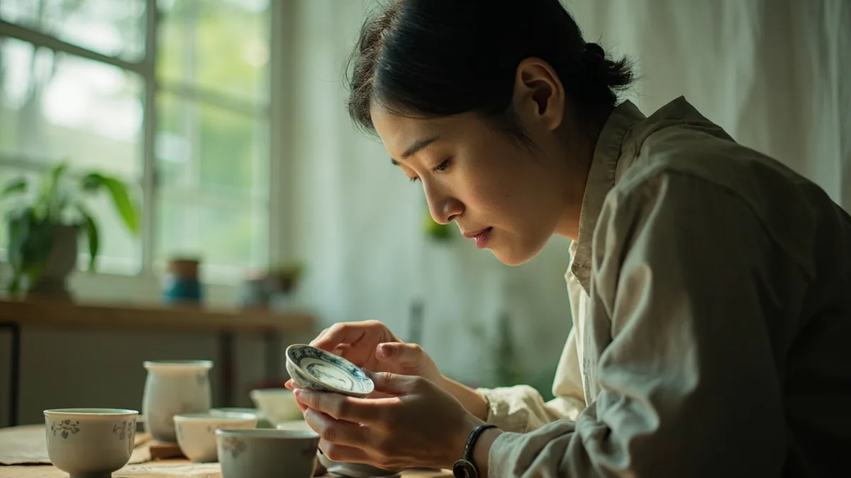 An artist carefully admires an intricate design on a traditional object, illustrating “character beautiful” in Chinese: 美 (měi)
