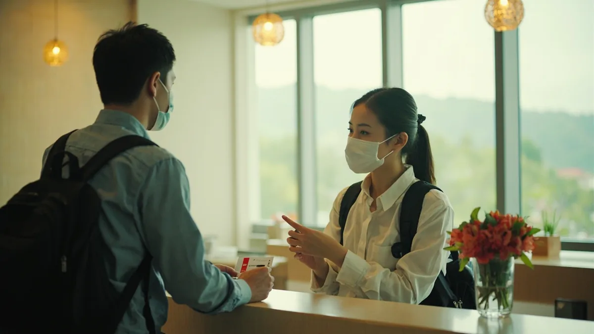 An adult traveler approaches a hotel reception desk to check in, illustrating “check in, please” in Chinese: 办理入住 (bànlǐ rùzhù)