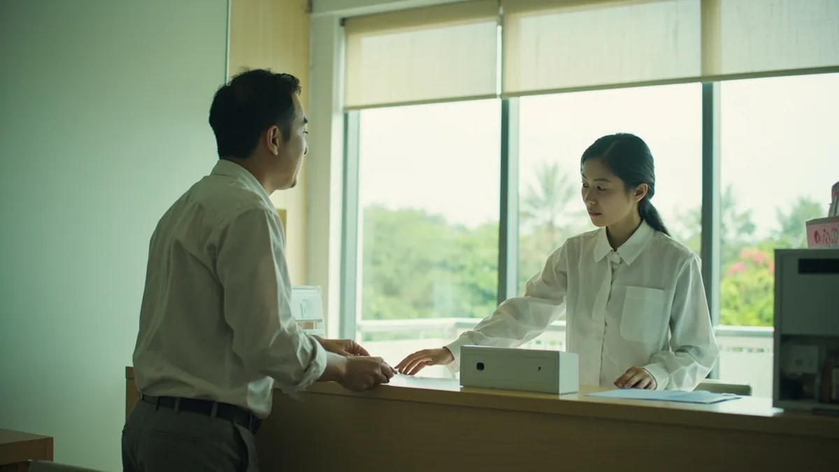 An adult hotel guest confirms the check-out time with a receptionist, illustrating “check-out is at 11” in Chinese: 退房时间是十一点 (tuìfáng shíjiān shì shíyī diǎn)