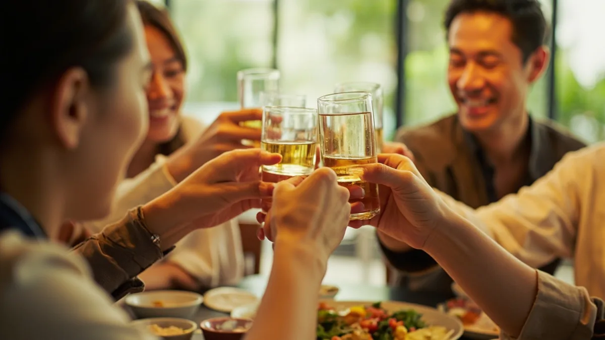A group of friends clink small glasses together in a celebratory toast, illustrating “cheers” in Chinese: 干杯 (gānbēi)